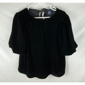 Gap Blouse Womens Medium Black Velvet Puff Sleeve Top Keyhole Ribbon Tie Holiday